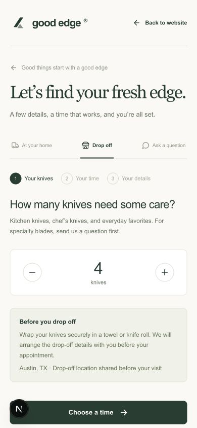 Mobis mobile customer booking screen with drop-off selected and four knives in the item counter.